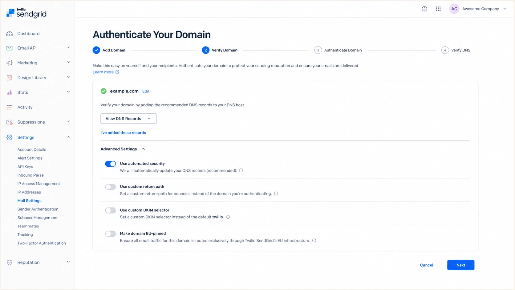Twilio SendGrid Advanced Settings for domain authentication.