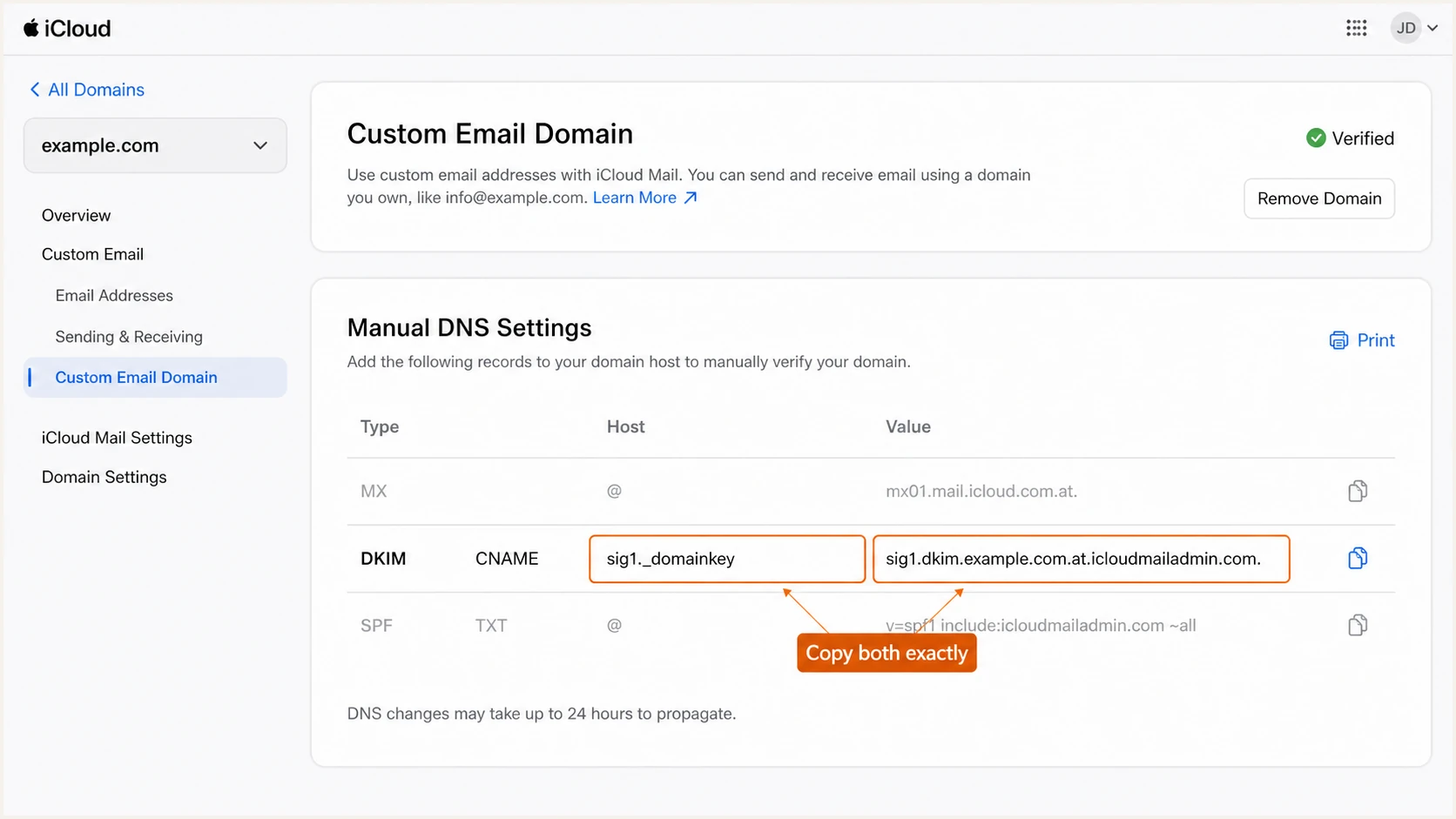 Apple iCloud DKIM CNAME values for a custom domain