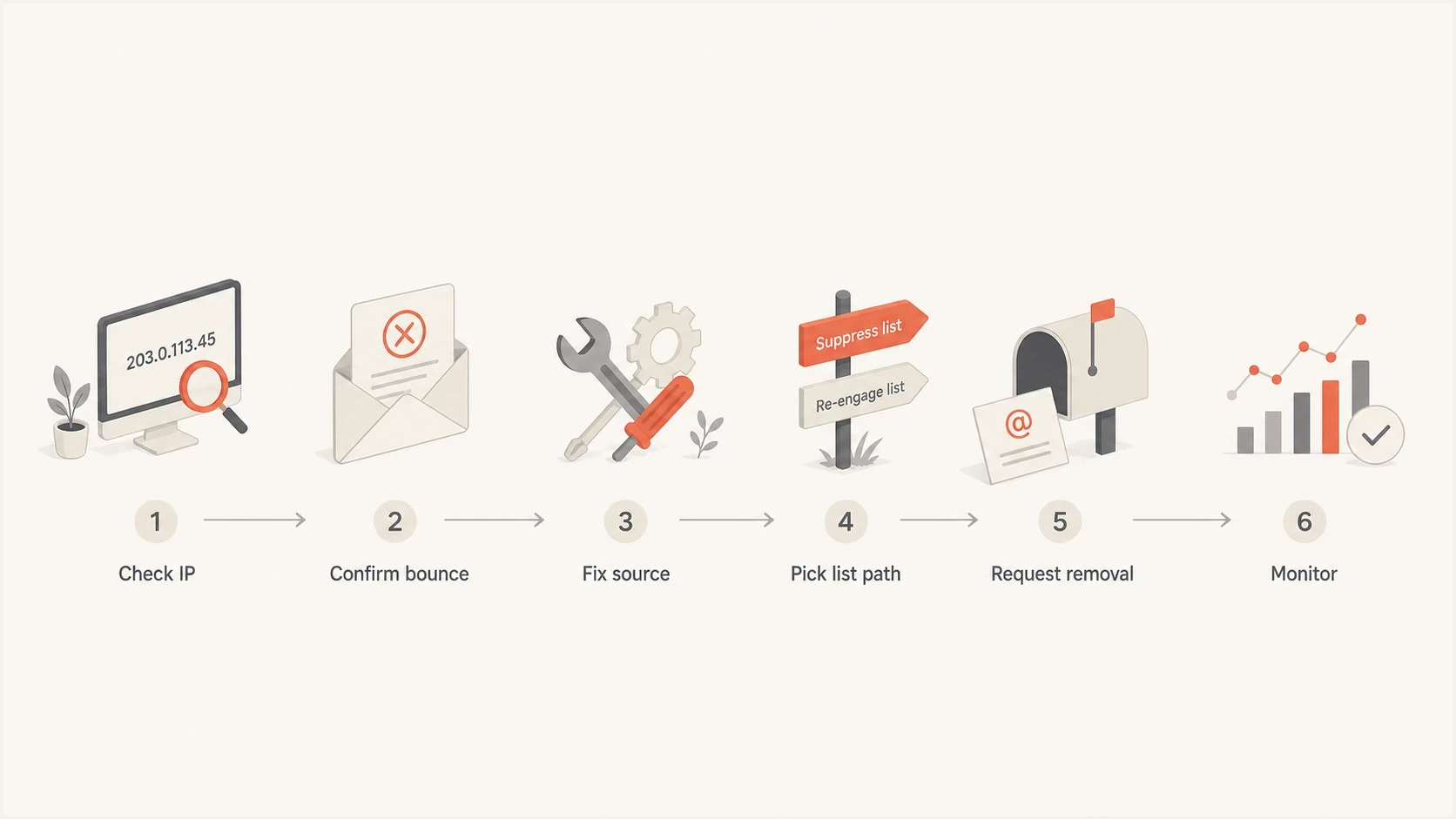 Flowchart showing the steps to check, fix, request removal, and monitor a 0spam listing.