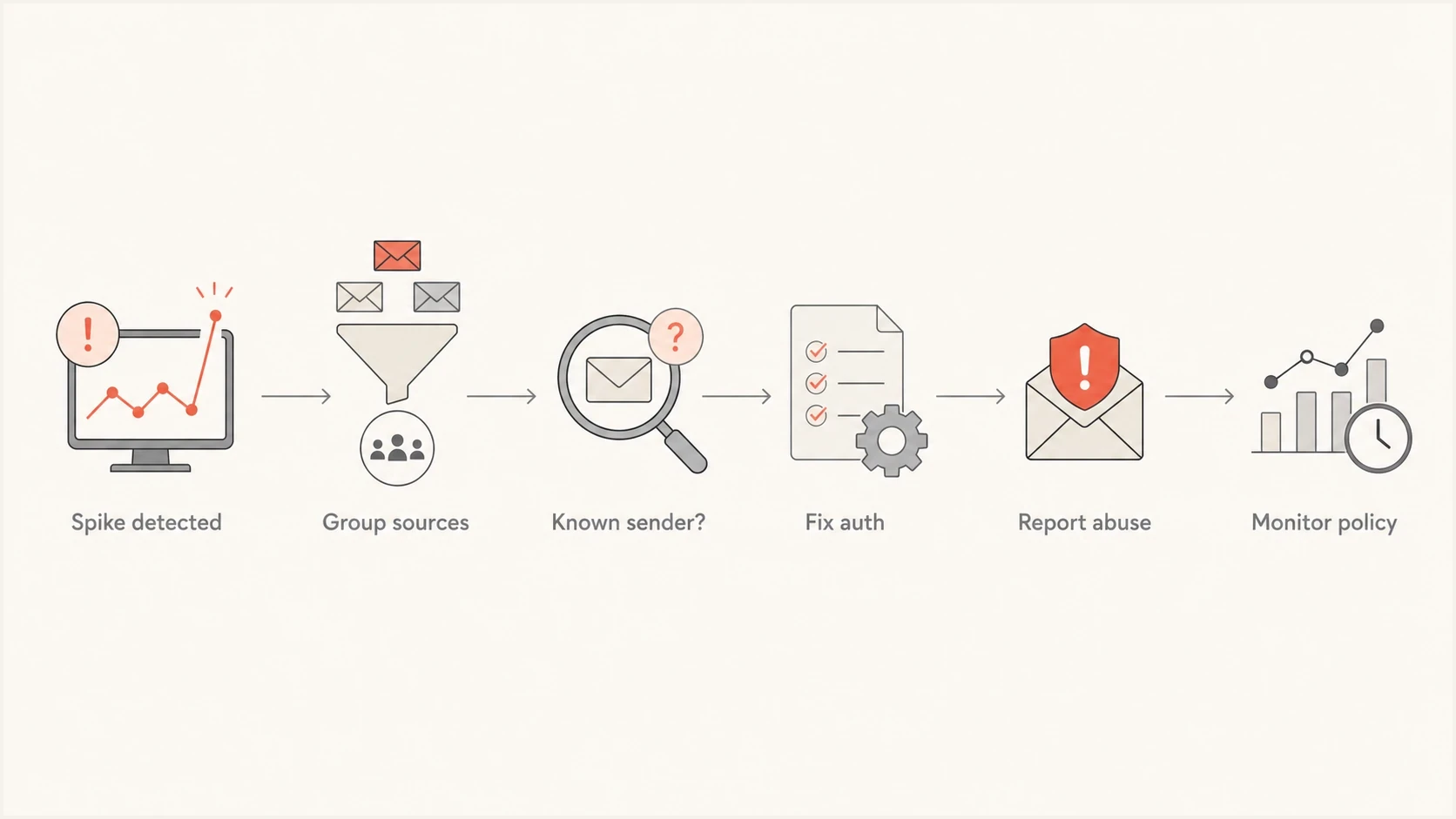 Flowchart showing how to handle a DMARC spoofing spike by grouping sources, fixing known senders, reporting abuse, and monitoring policy.