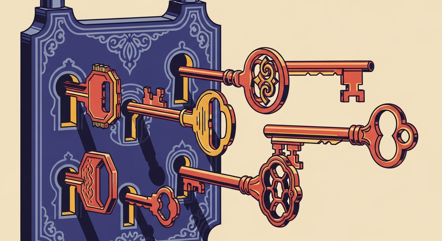An illustration showing multiple unique keys, each with a different selector, unlocking a single large lock representing a domain.