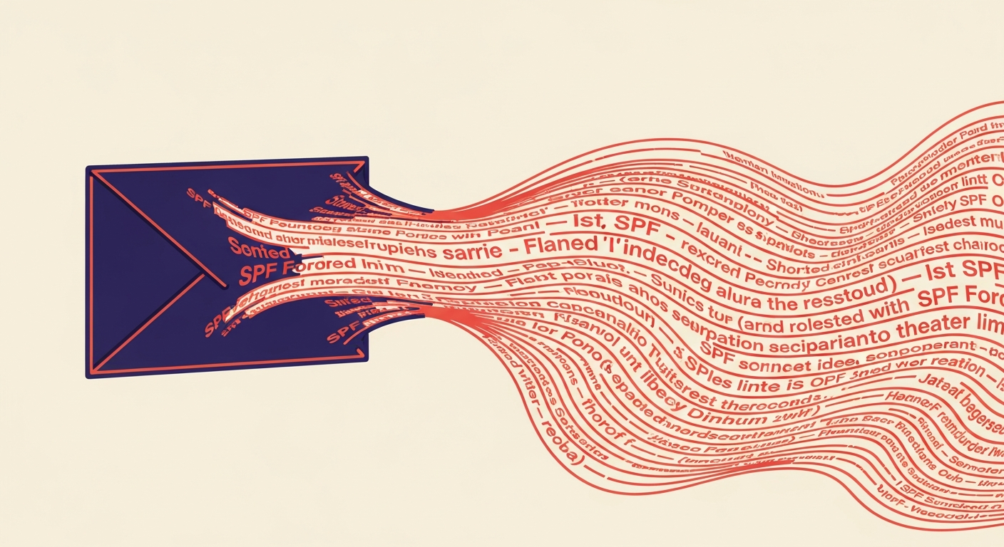 Illustration of an email envelope with text overflowing, representing an SPF record string that is too long.