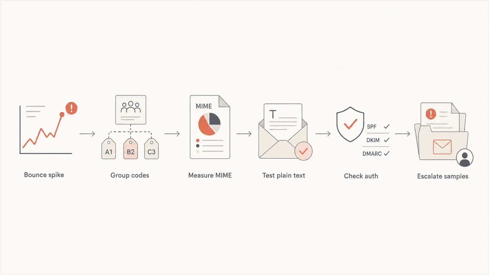 Optonline.net email bounce troubleshooting flow for SMTP codes, MIME size, authentication, and escalation.