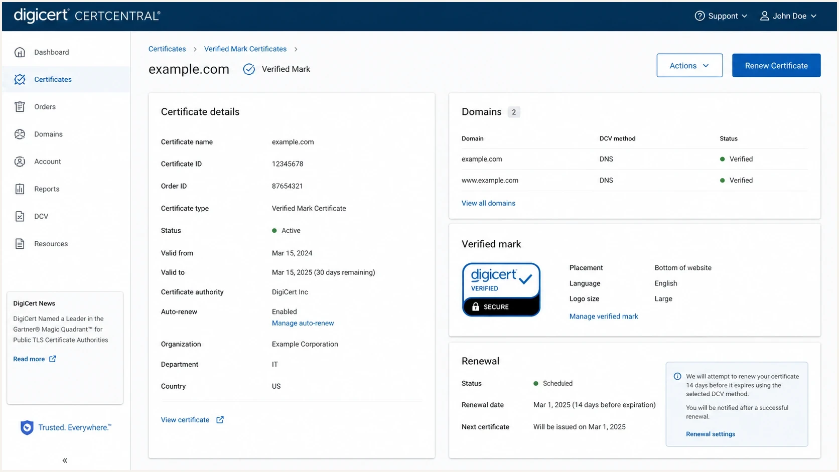 DigiCert CertCentral VMC renewal screen for reviewing domain and subdomain scope.