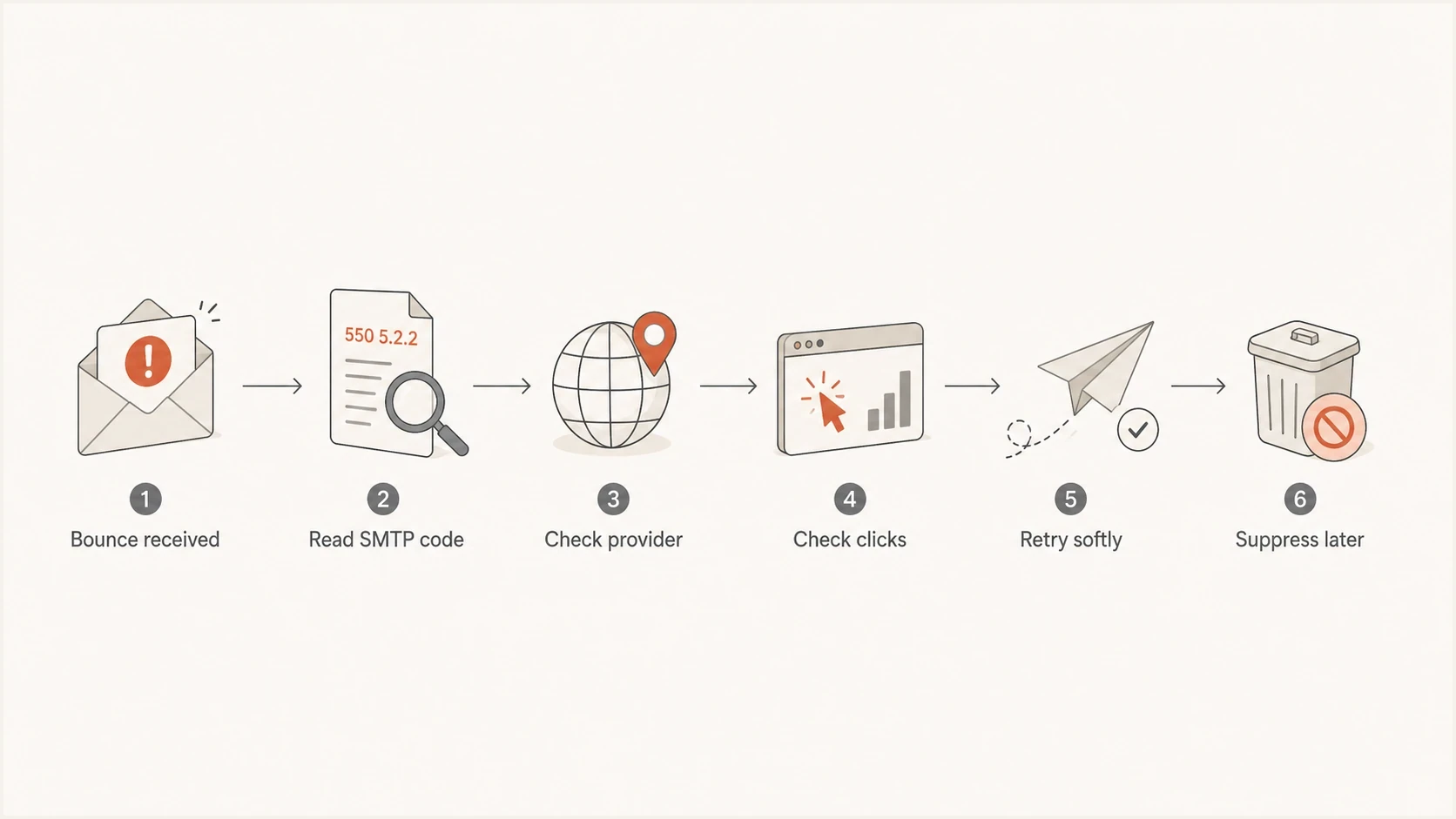 Decision flow for handling a Gmail SMTP 4.2.2 mailbox quota bounce before suppression.