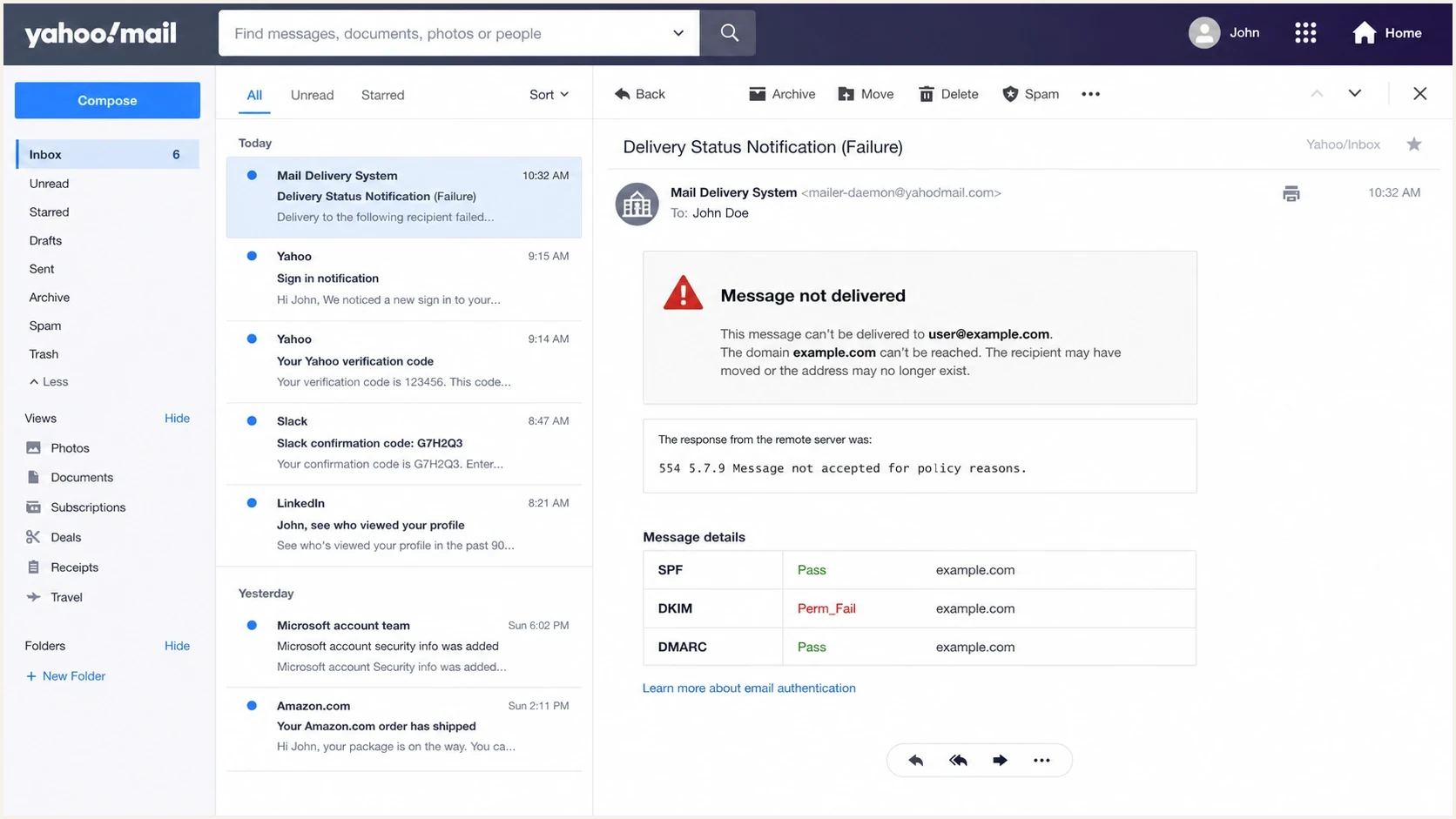 Yahoo Mail screenshot concept showing a 554 5.7.9 rejection and authentication details.