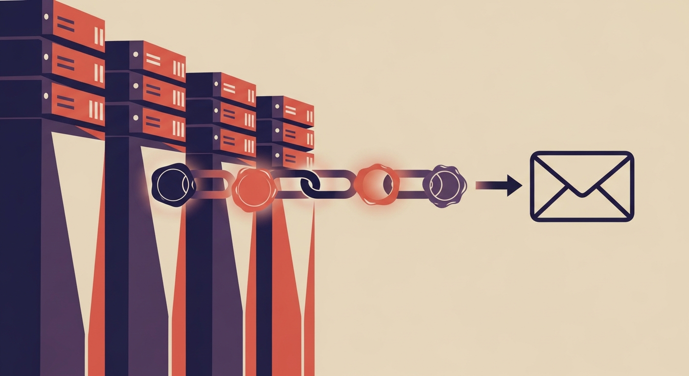 An illustration showing an email passing through multiple servers, each adding an ARC seal to maintain authentication.