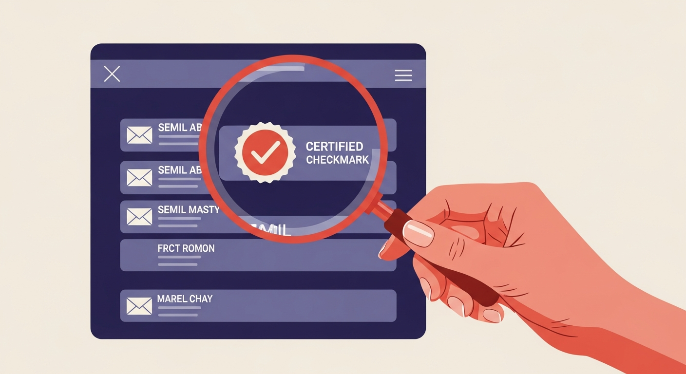 A hand holding a magnifying glass over an email inbox showing a certified checkmark logo for BIMI.