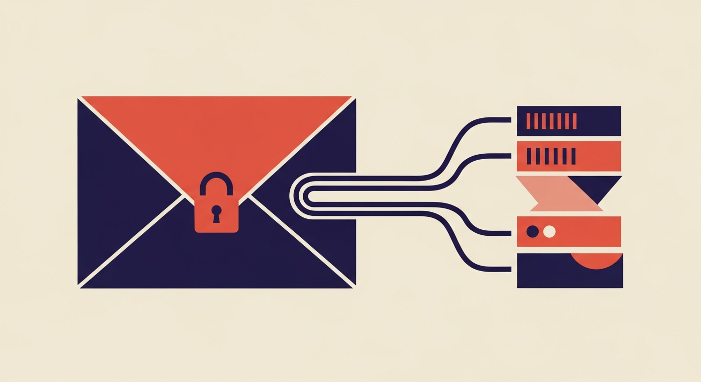 Stylized illustration of an envelope with a padlock connecting to a server, representing MTA-STS secure email.