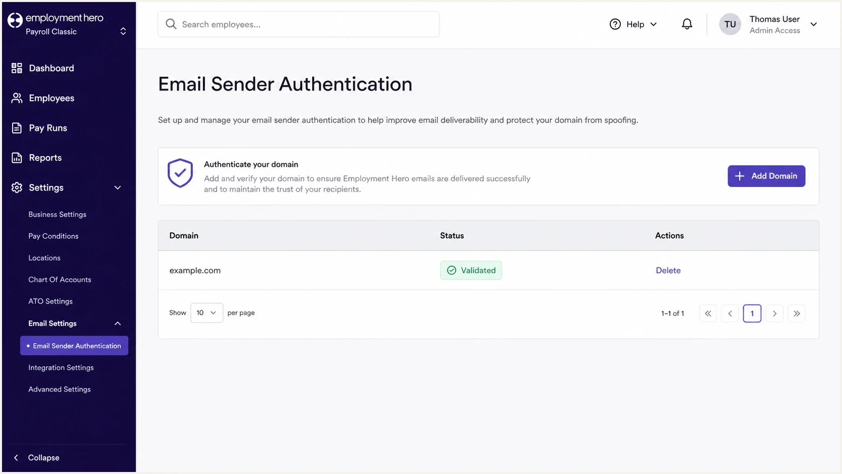 Employment Hero Payroll classic showing a validated sender authentication domain.