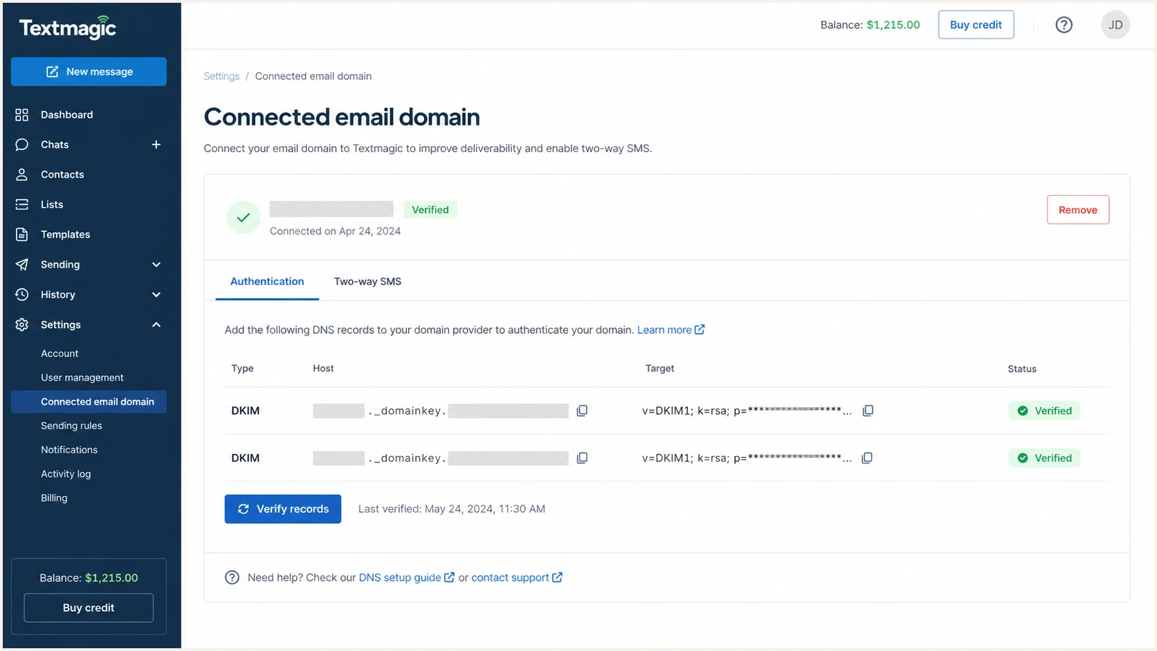 Textmagic DKIM records marked as verified