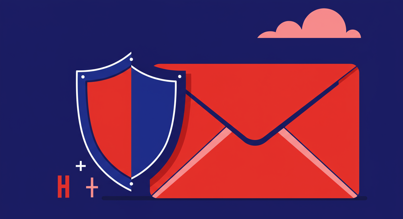 A minimalist illustration showing a shield protecting an envelope, symbolizing DMARC email security.