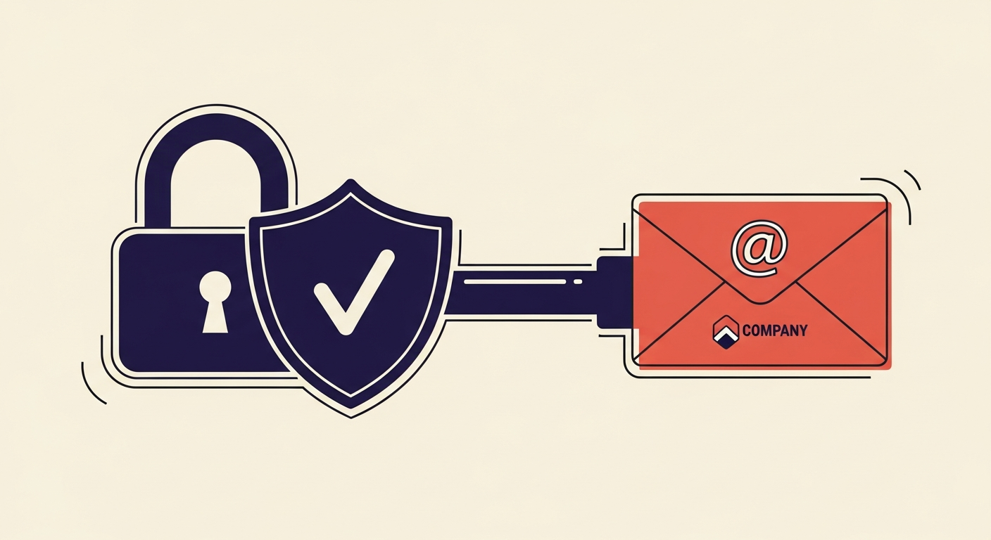 A digital lock icon linked to an email with a brand logo, symbolizing the security provided by a VMC.