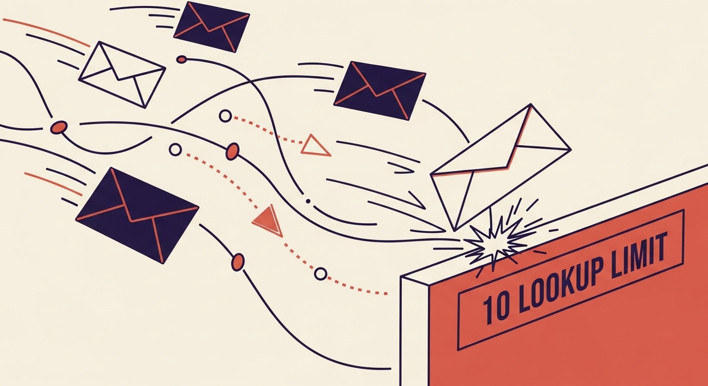 Email envelopes encountering a DNS lookup limit barrier