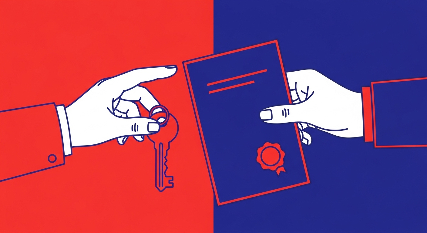 Two hands, one holding a temporary key representing IP reputation and the other holding a permanent document representing domain reputation. The style of the images should be A minimalist retro illustration in the style of Malika Favre. Dominant colors are bright poppy red and deep royal blue. Vector art, high contrast. Do not put any words in the image or alphanumeric characters. 