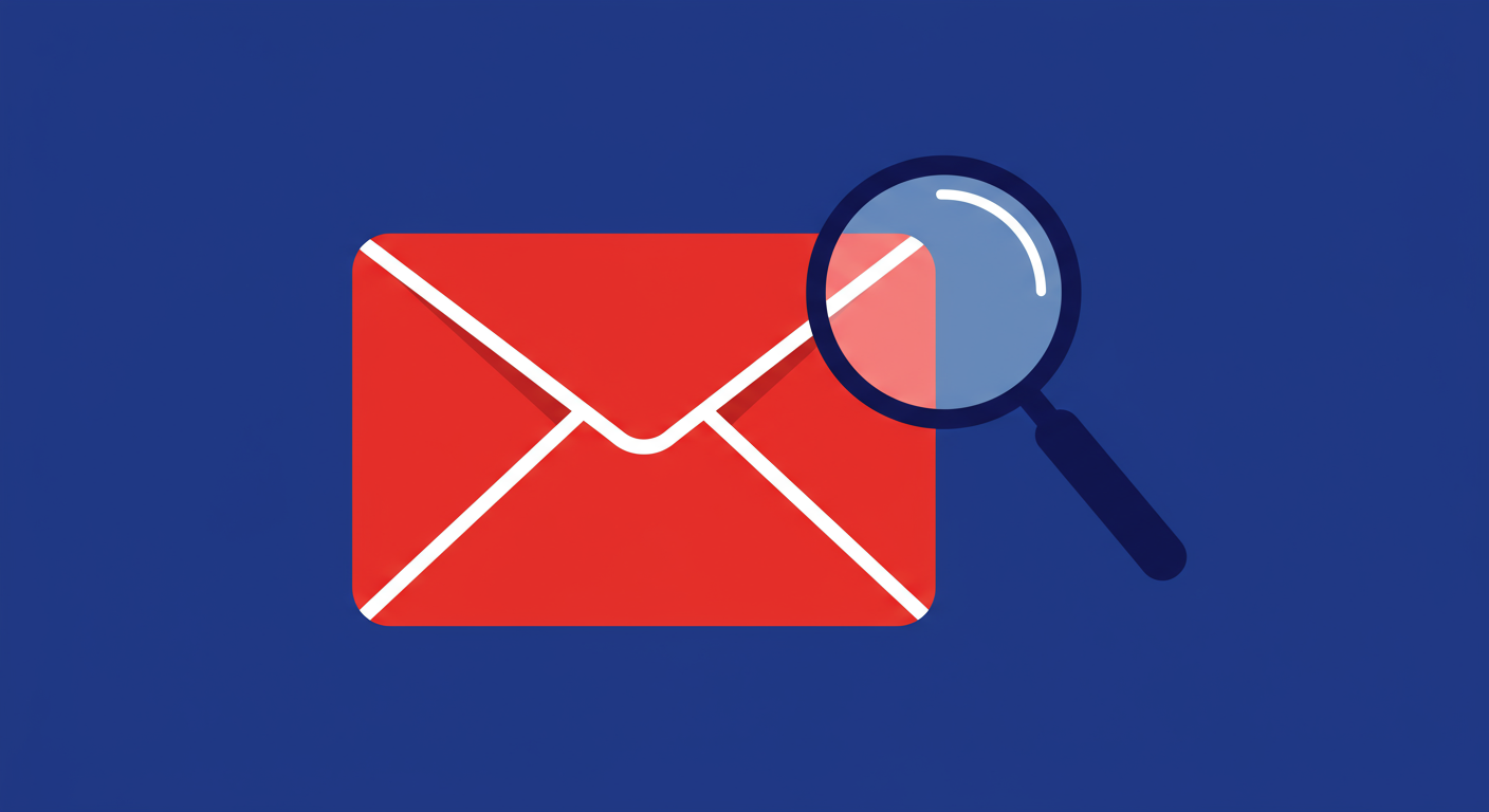 A minimalist illustration of an envelope with a magnifying glass over it, representing DMARC monitoring. The style of the images should be A minimalist retro illustration in the style of Malika Favre. Dominant colors are bright poppy red and deep royal blue. Vector art, high contrast. Do not put any words in the image or alphanumeric characters. 