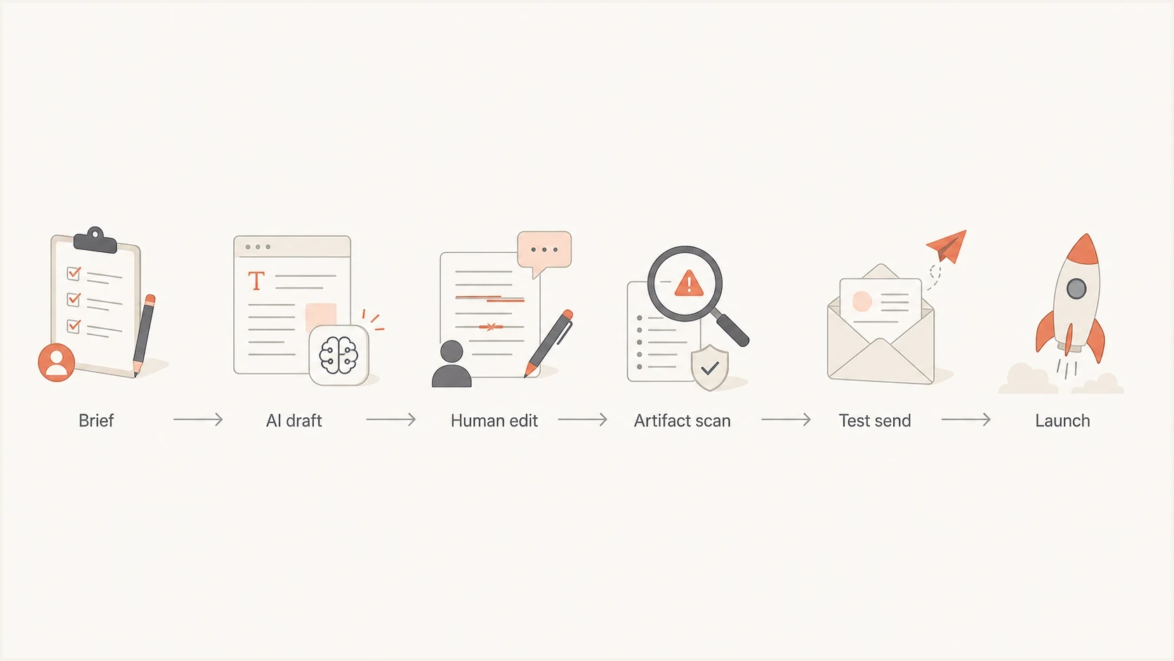 Flowchart showing brief, AI draft, human edit, artifact scan, test send, and launch.