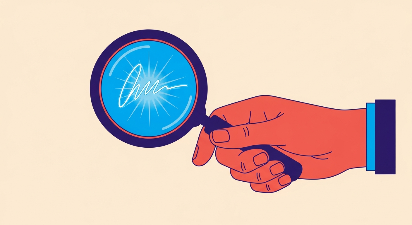 A hand using a magnifying glass to inspect a digital signature, highlighting the process of verification.