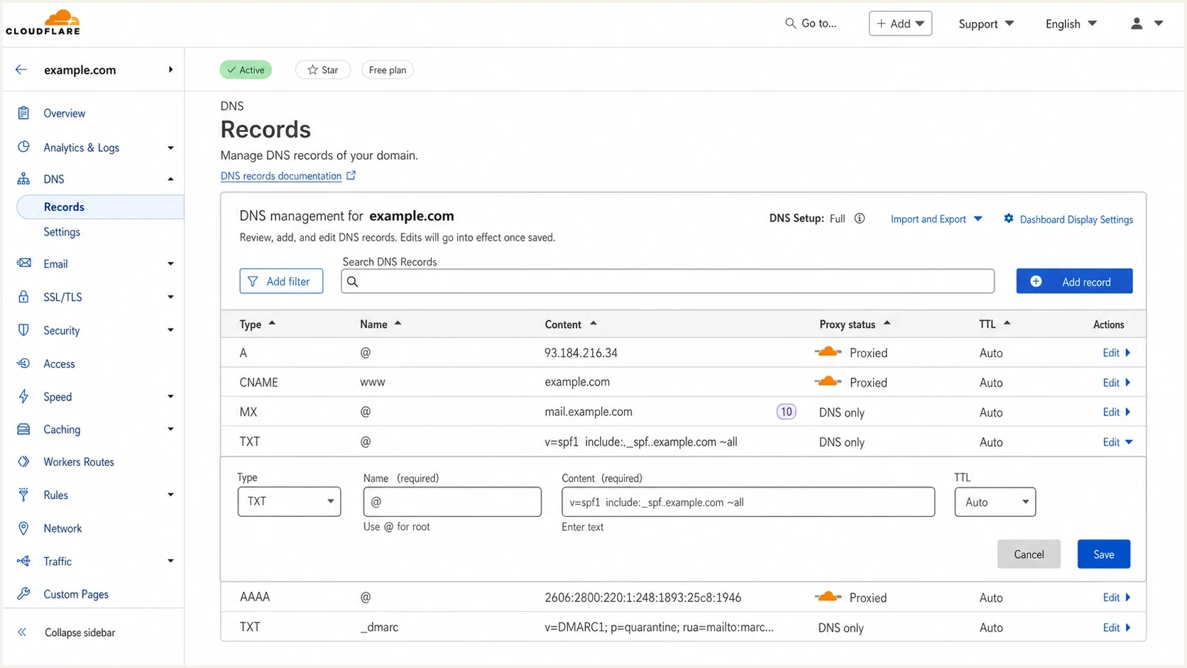 Cloudflare DNS screen showing an SPF TXT record being edited.