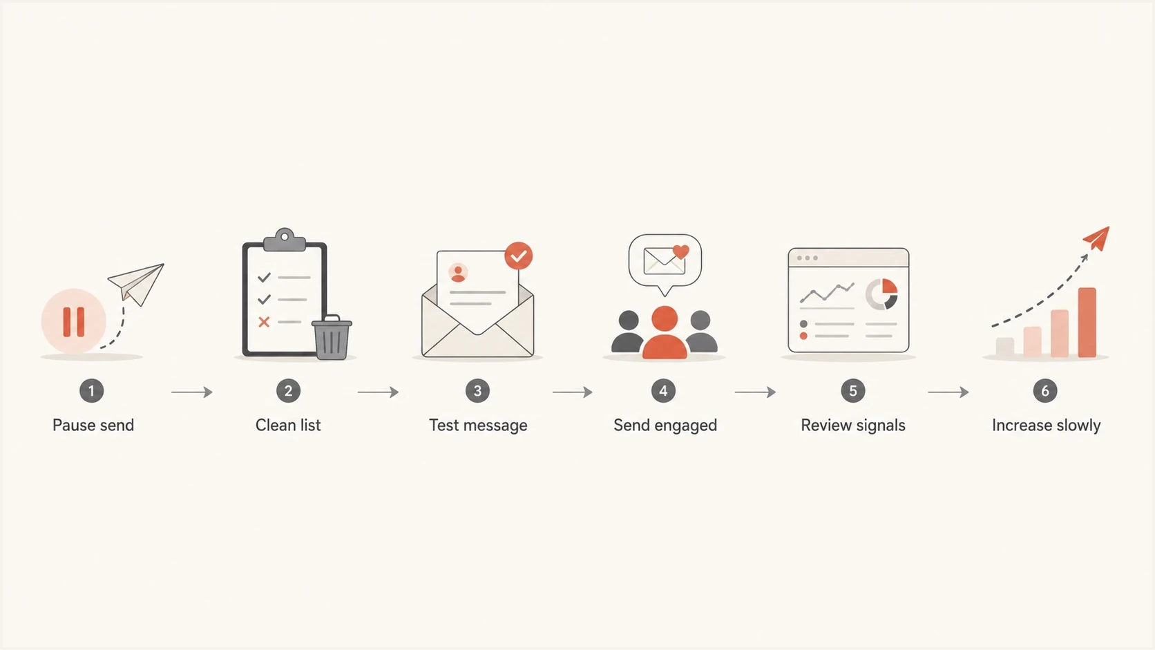 A six-step flowchart for restarting email warm up after a pause.
