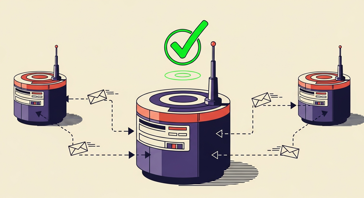 An illustration showing emails successfully passing through multiple servers with an ARC 'cv=pass' validation.