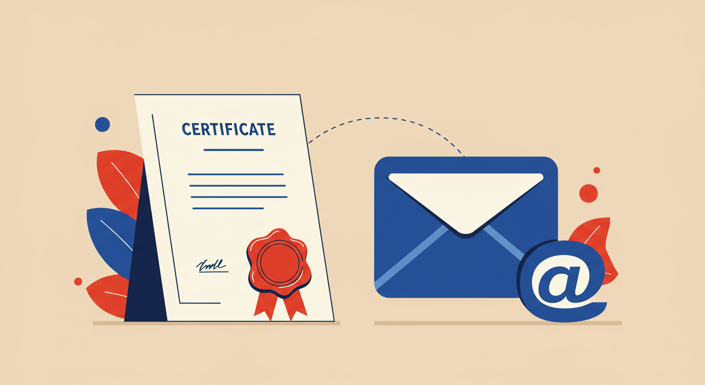 An illustration of a certificate and an email icon, representing a Verified Mark Certificate for BIMI.