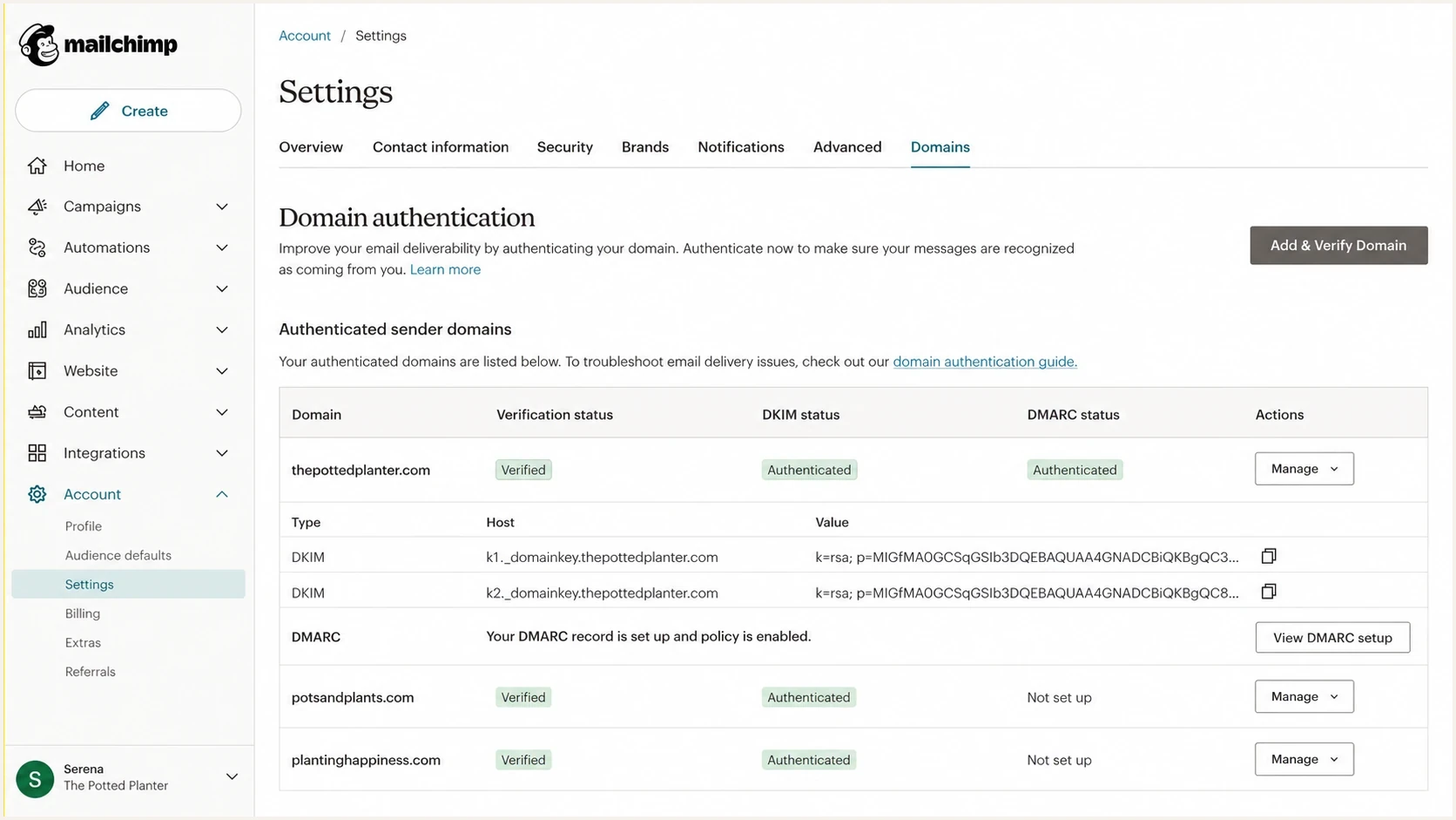 Mailchimp domain authentication settings with DKIM records and domain status.