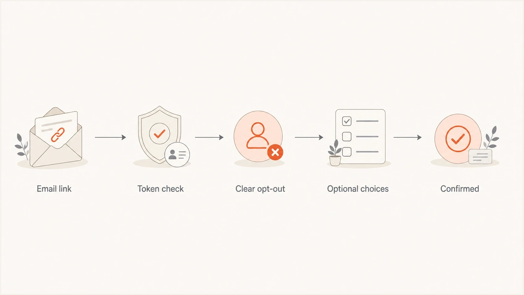Flowchart showing a tokenized unsubscribe link leading to a clear opt-out and optional preference choices.