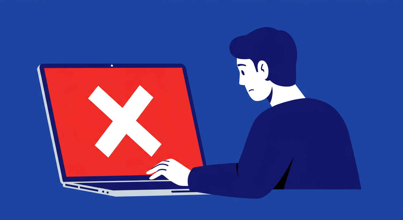A person looking at a computer screen that shows a large red X, indicating an error or blockage. The style of the images should be A minimalist retro illustration in the style of Malika Favre. Dominant colors are bright poppy red and deep royal blue. Vector art, high contrast. Do not put any words in the image or alphanumeric characters. 