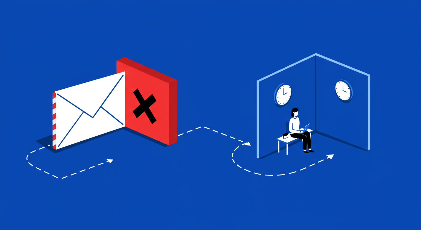 Two distinct paths for an email envelope. One path is blocked by a solid red wall with a bold 'X' on it, representing a blacklist. The other path leads to a blue waiting room with a clock on the wall, representing greylisting. The style of the images should be A minimalist retro illustration in the style of Malika Favre. Dominant colors are bright poppy red and deep royal blue. Vector art, high contrast. Do not put any words in the image or alphanumeric characters.