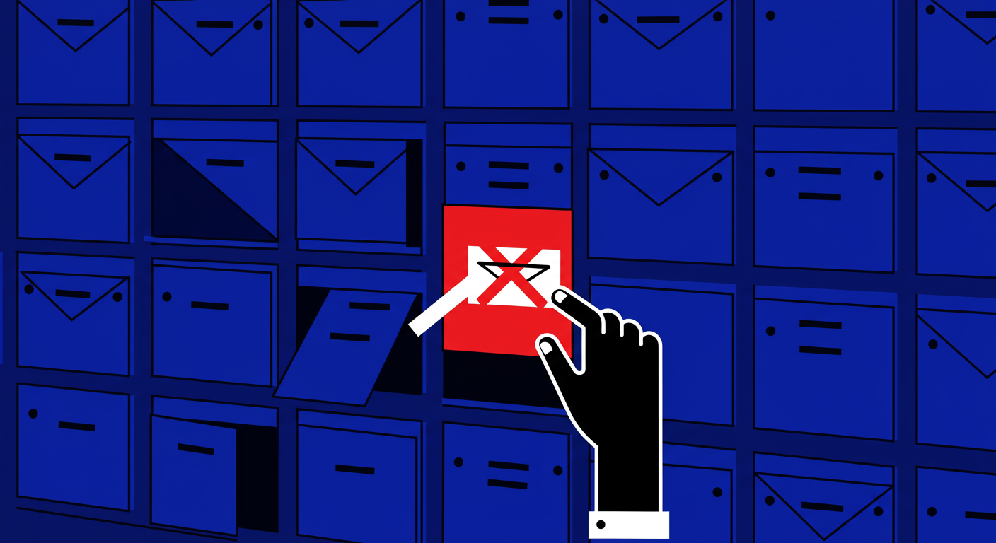 An illustration of a wall of mailboxes with one mailbox glowing red and blocked, representing an email blocklist.