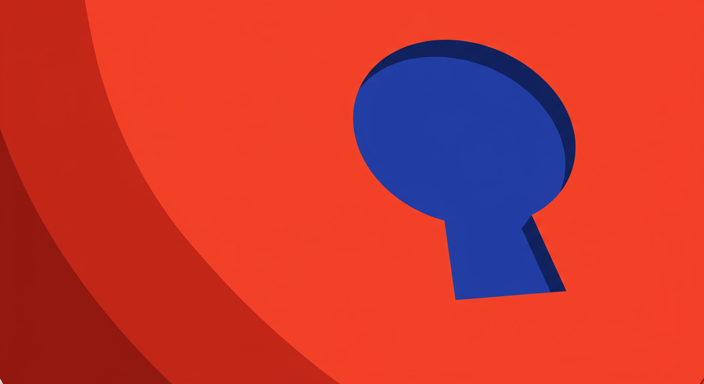 A minimalist illustration of a bright poppy red shield with a deep royal blue keyhole in the center, representing email security and DMARC.