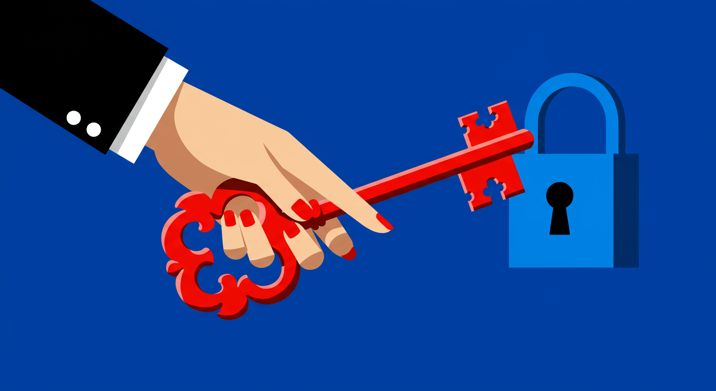 A minimalist retro illustration of a hand using a red key to unlock a blue padlock on a server rack. The style of the images should be A minimalist retro illustration in the style of Malika Favre. Dominant colors are bright poppy red and deep royal blue. No text, vector art, high contrast. Describe only what is objectively visible, as though describing a scene to a vision-impaired person.