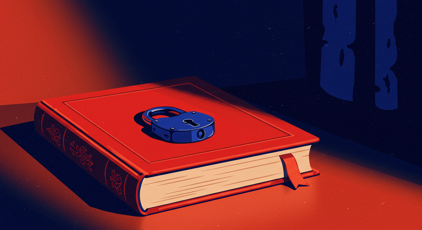 A minimalist retro illustration of a closed book with a padlock on it, sitting in a dark, private room. The style uses bright poppy red and deep royal blue, high-contrast vector art, with no text.