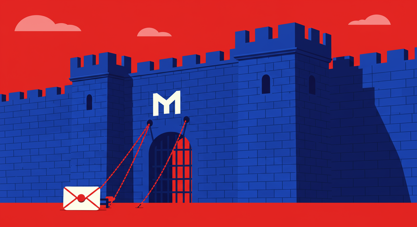 A large, imposing fortress labeled with a generic email service provider logo, with a drawbridge that is raised. The style of the images should be A minimalist retro illustration in the style of Malika Favre. Dominant colors are bright poppy red and deep royal blue. Vector art, high contrast. Do not put any words in the image or alphanumeric characters.