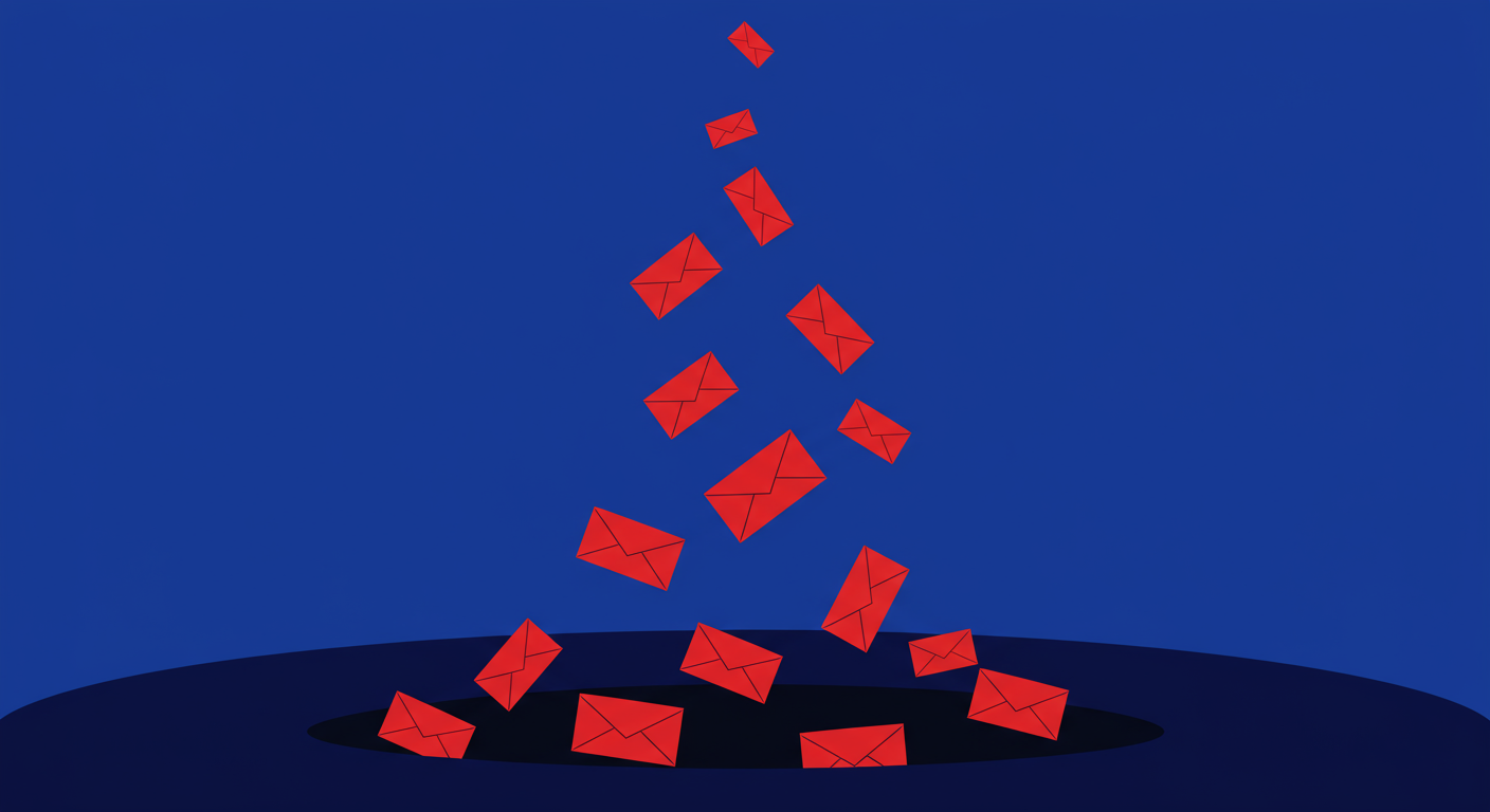 An illustration showing red envelopes falling into a large blue abyss, symbolizing emails going to spam.