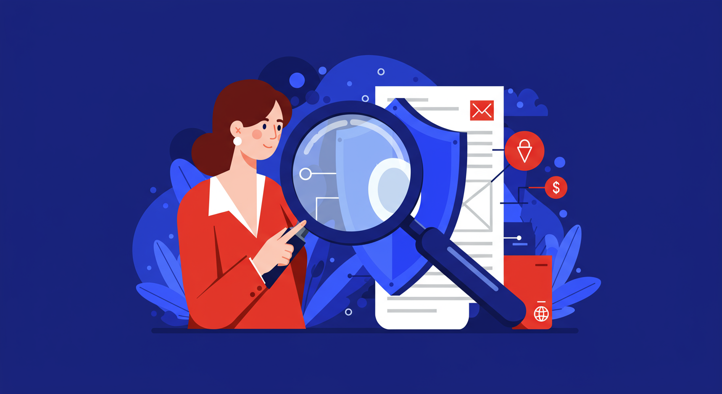 An illustration of a magnifying glass examining a digital shield, representing an email security audit. The style of the images should be A minimalist retro illustration in the style of Malika Favre. Dominant colors are bright poppy red and deep royal blue. Vector art, high contrast. Do not put any words in the image or alphanumeric characters. 