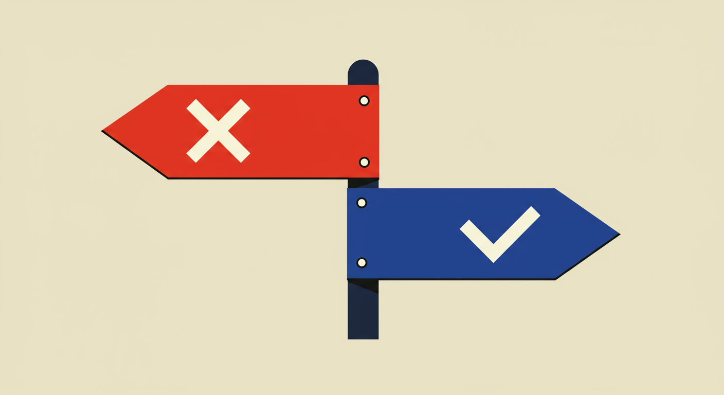 A red signpost with an X points left, and a blue signpost with a checkmark points right, symbolizing the choice between being blocked and being allowed.