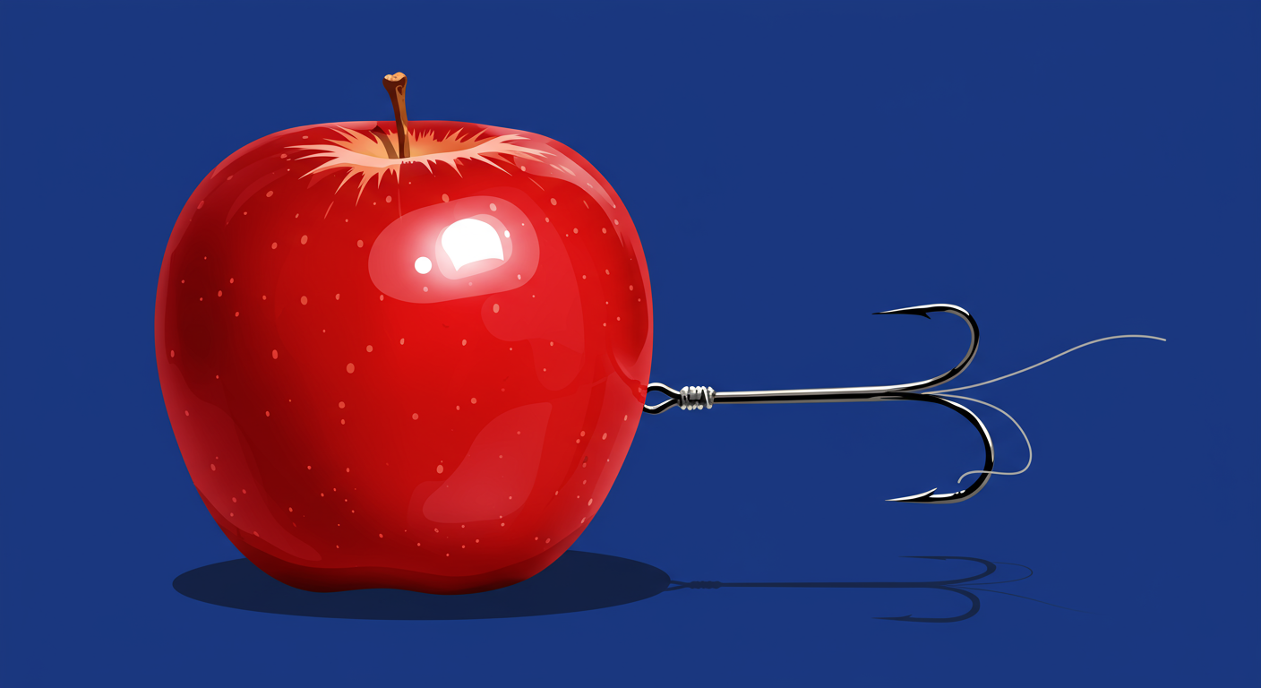 A single, perfect, shiny red apple with a fishing hook subtly emerging from its side, representing a pristine trap. The style of the images should be A minimalist retro illustration in the style of Malika Favre. Dominant colors are bright poppy red and deep royal blue. Vector art, high contrast. Do not put any words in the image or alphanumeric characters.