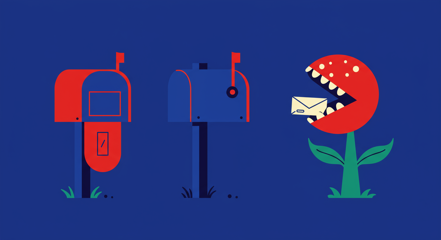 An illustration of a row of mailboxes, with one depicted as a dangerous plant trap.