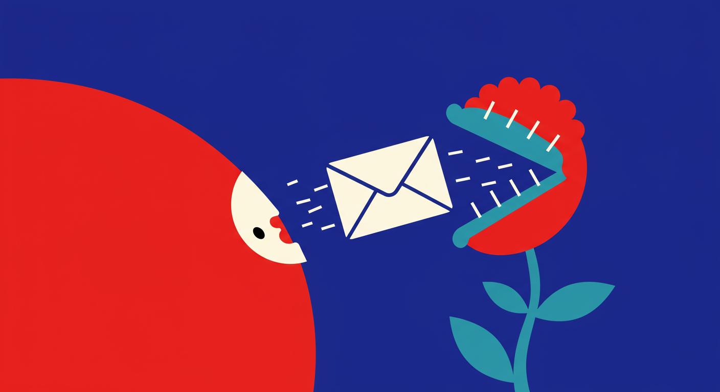 An abstract representation of an email as a simple envelope icon entering a stylized, geometric venus flytrap.