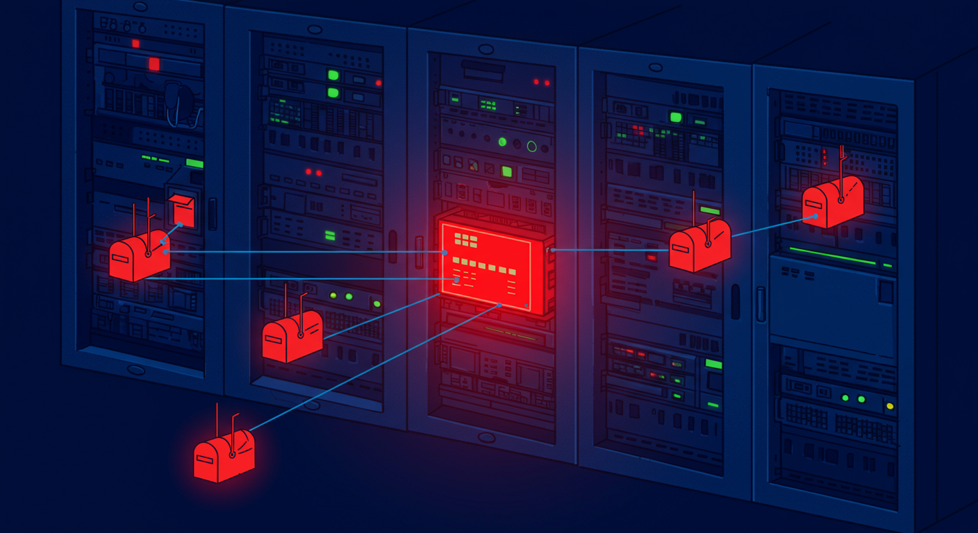 A server rack with one server glowing red, connected to a series of mailboxes. The style of the images should be A minimalist retro illustration in the style of Malika Favre. Dominant colors are bright poppy red and deep royal blue. Vector art, high contrast. Do not put any words in the image or alphanumeric characters.