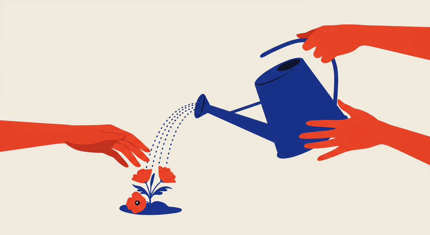 A person carefully watering plants in a lush garden, symbolizing nurturing and maintenance. The style of the images should be A minimalist retro illustration in the style of Malika Favre. Dominant colors are bright poppy red and deep royal blue. Vector art, high contrast. Do not put any words in the image or alphanumeric characters. 