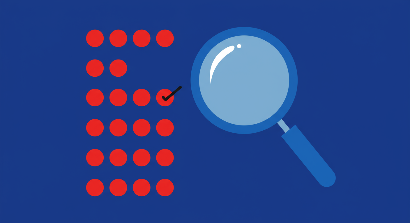 An illustration of a blue magnifying glass over red dots representing a domain, highlighting a problem.