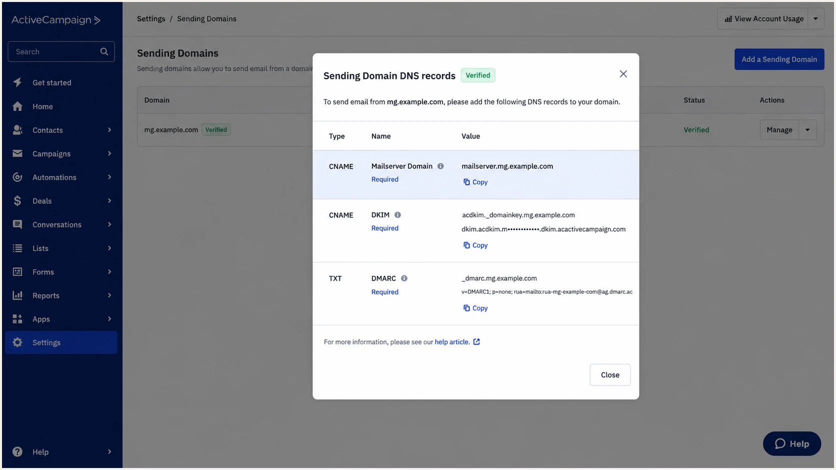 ActiveCampaign DNS records modal with Mailserver Domain CNAME highlighted