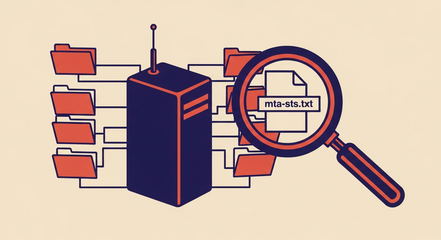 An illustration of a mail server searching for an MTA-STS policy file in a directory.