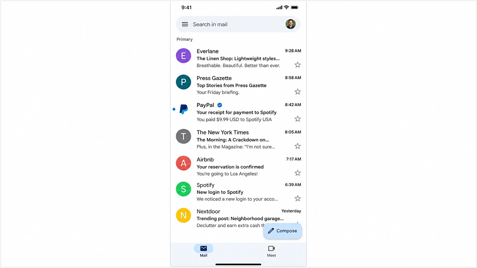 Gmail mobile inbox showing a verified BIMI brand logo beside a message.