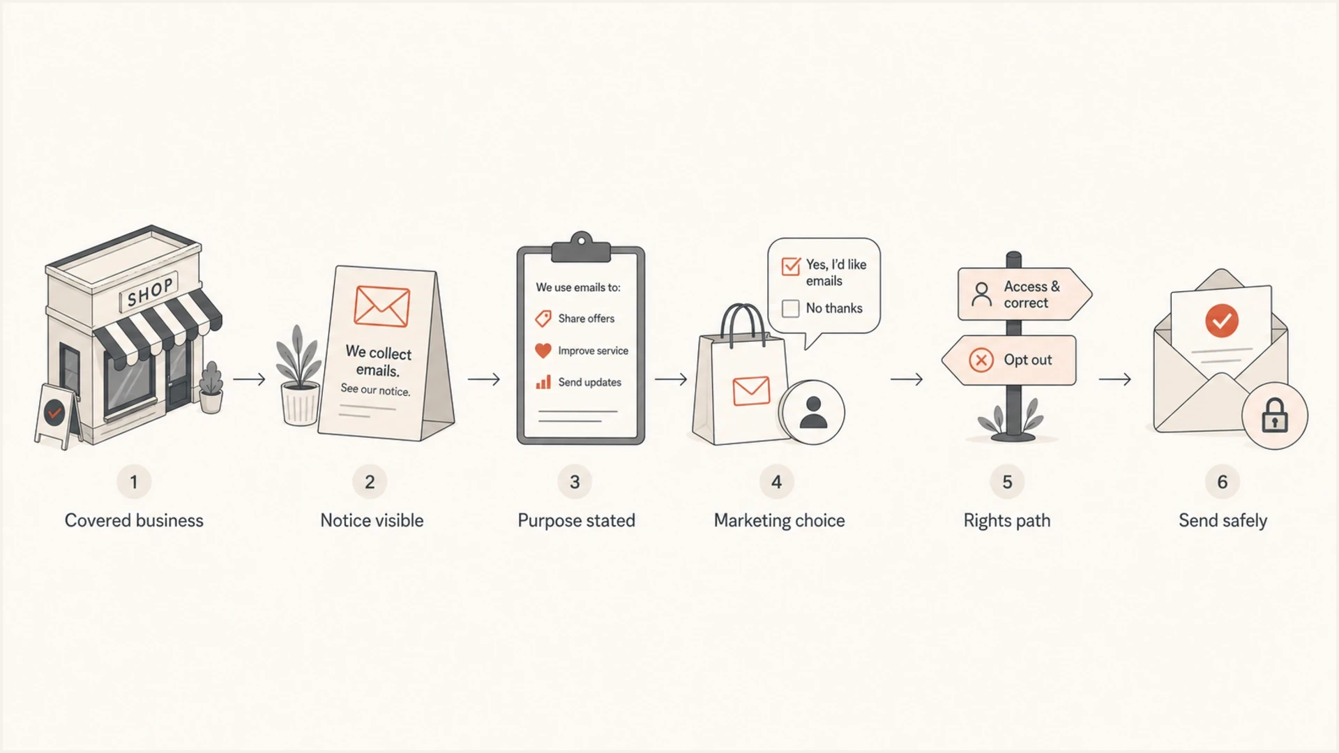 Flowchart showing the retail email collection steps from notice to safe sending.