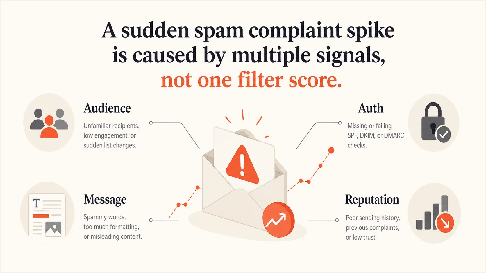 Spam complaint spikes usually come from audience, message, authentication, and reputation signals.