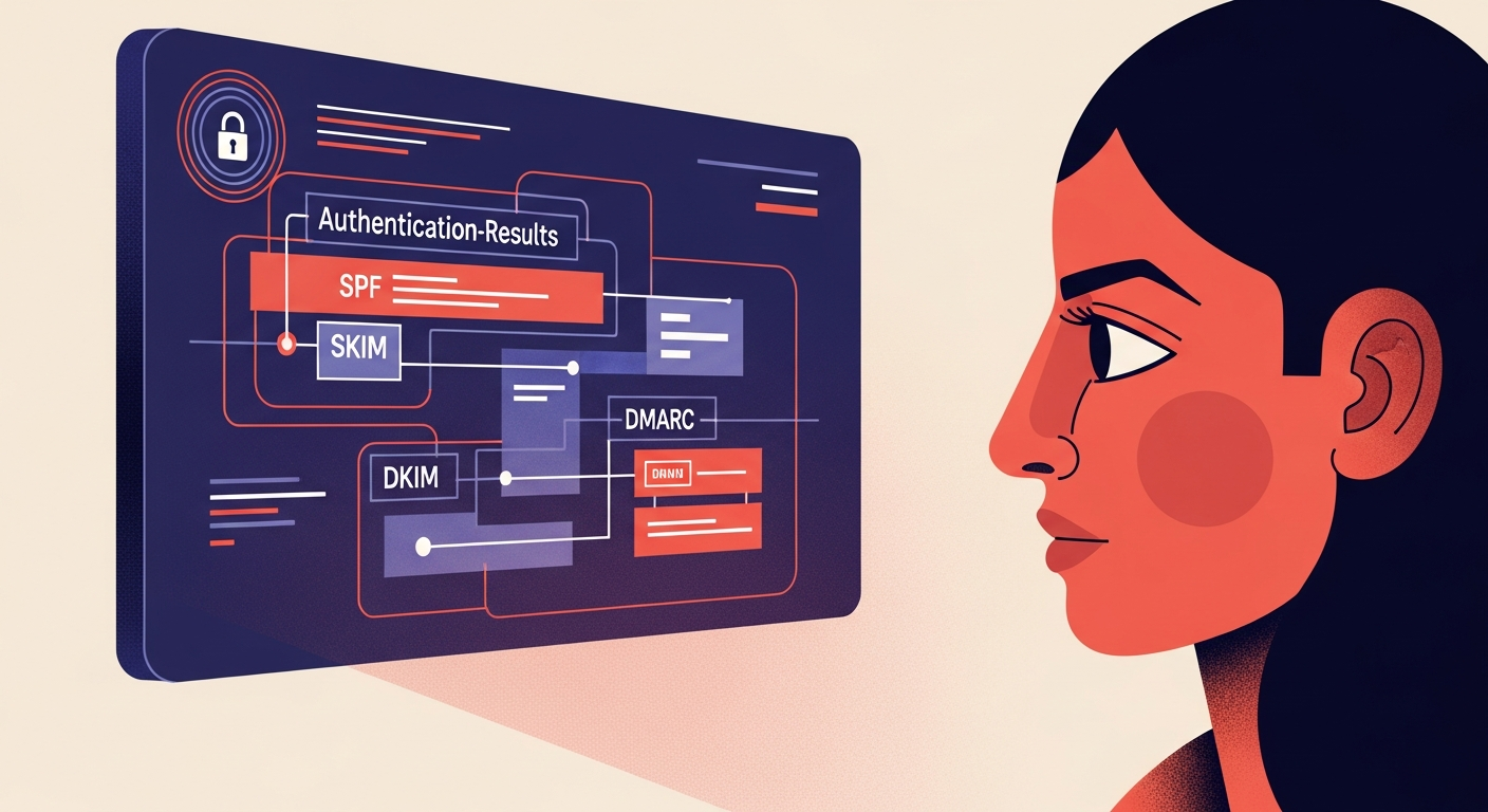 An illustration of a person examining an email with various security headers, representing the complexity of email authentication.